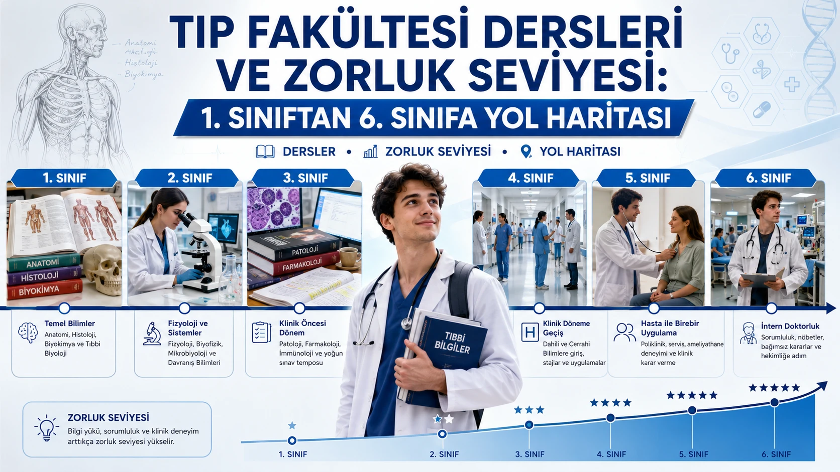 Tıp Fakültesi Dersleri ve Zorluk Seviyesi: 1. Sınıftan 6. Sınıfa Yol Haritası